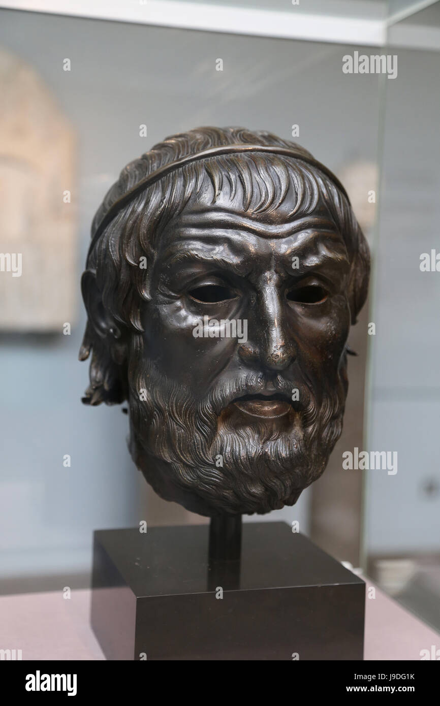 Sophokles (497-406 v. Chr.). Antike griechische Tragöde. Bronze-Porträt. 300-100 BC. Von Izmir, Türkei. British Museum. London. Vereinigtes Königreich. Stockfoto