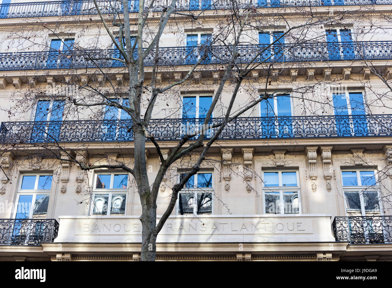 ehemaliger Sitz der Banque Transatlantique, jetzt Sitz des Danone, Boulevard Haussmann, Paris, Frankreich Stockfoto