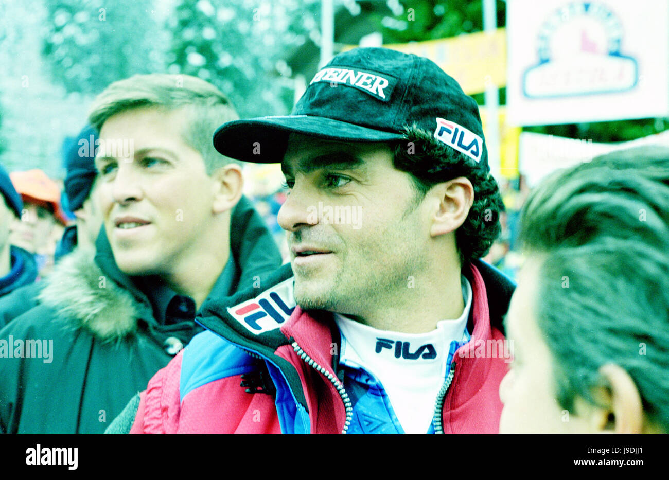 Italienische Fahrer Alberto Tomba in Madonna di Campiglio in Italien 1996 Stockfoto