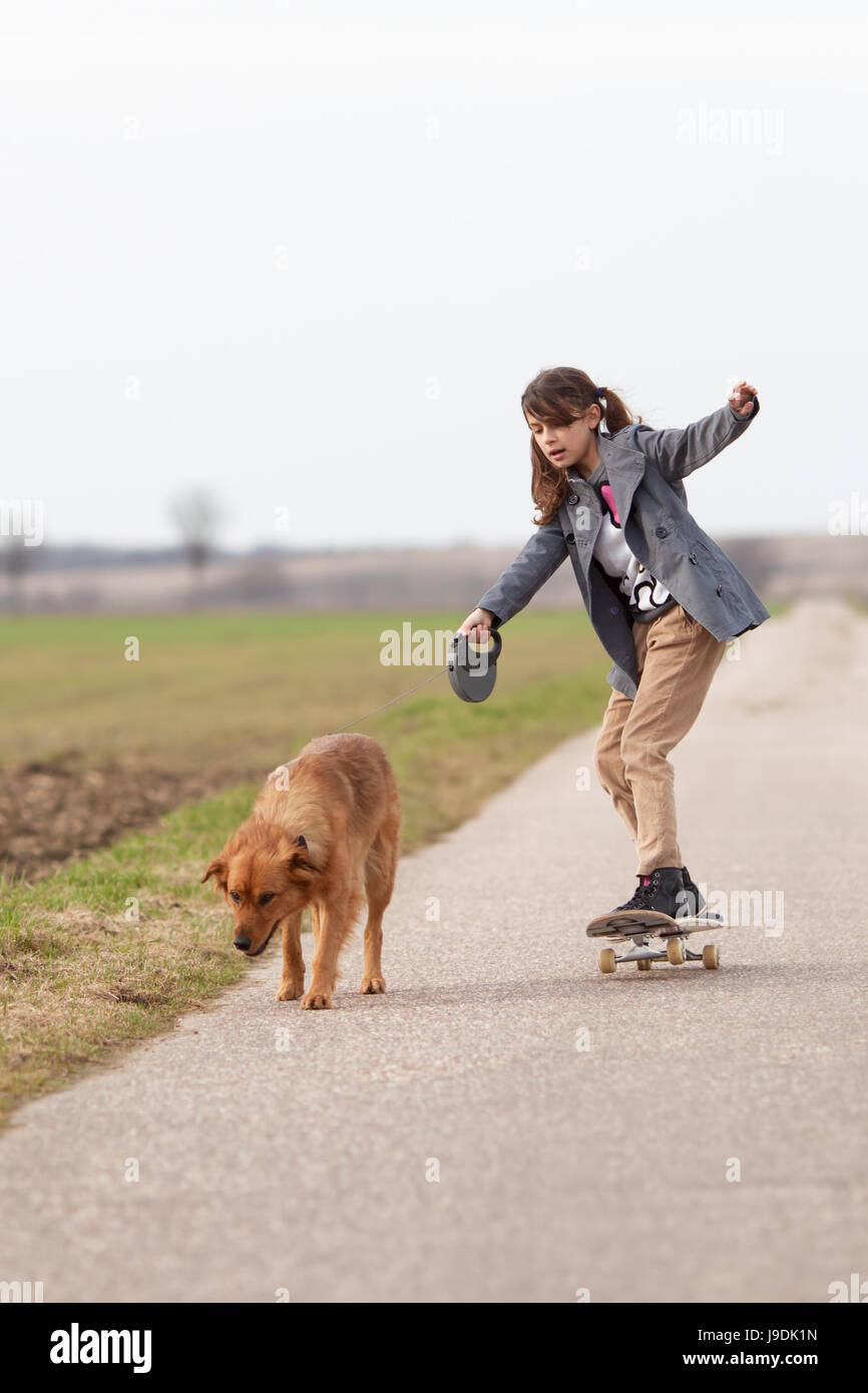 Mädchen auf einem Skateboard kann von ihrem Hund gezogen werden Stockfoto