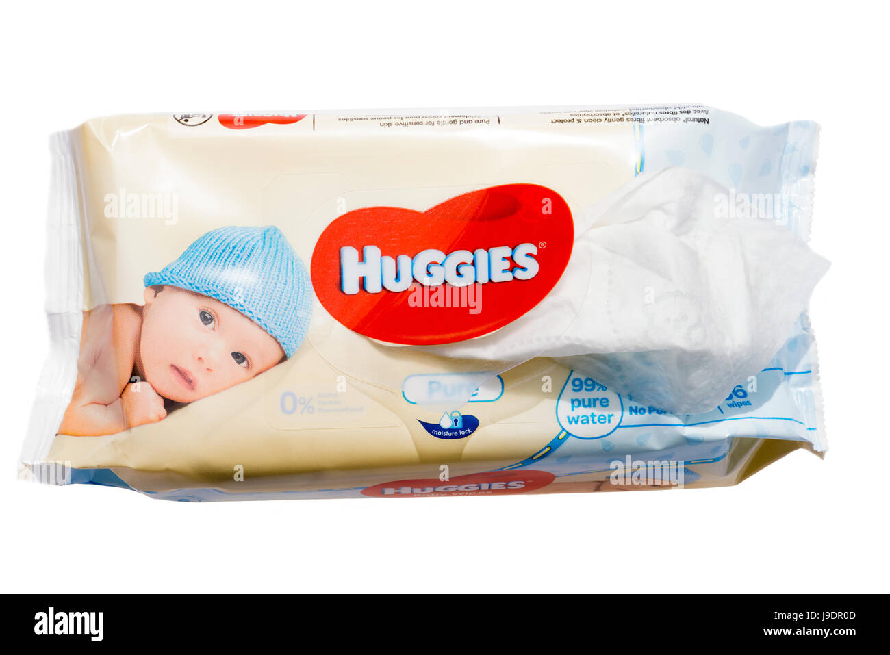 Baby-Feuchttücher Huggies ausgeschnitten oder isoliert auf einem weißen Hintergrund. Stockfoto
