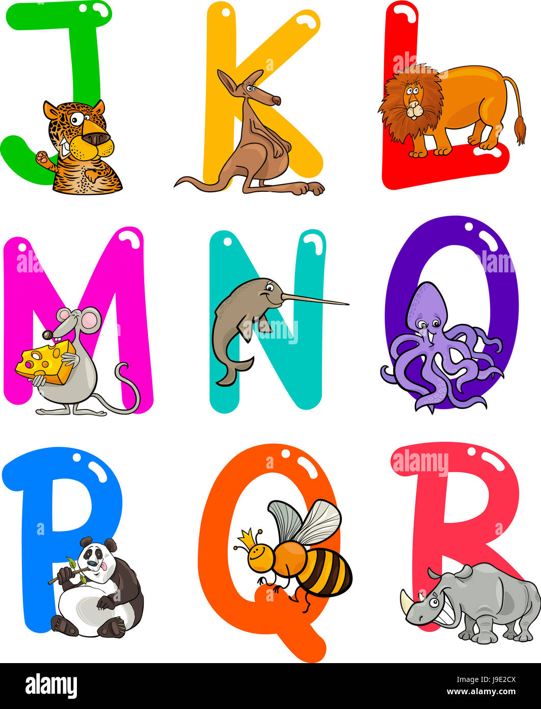 Bildung, Tiere, Buchstaben, Illustration, Alphabet, Cartoon, Grundierung, Typ, Stockfoto