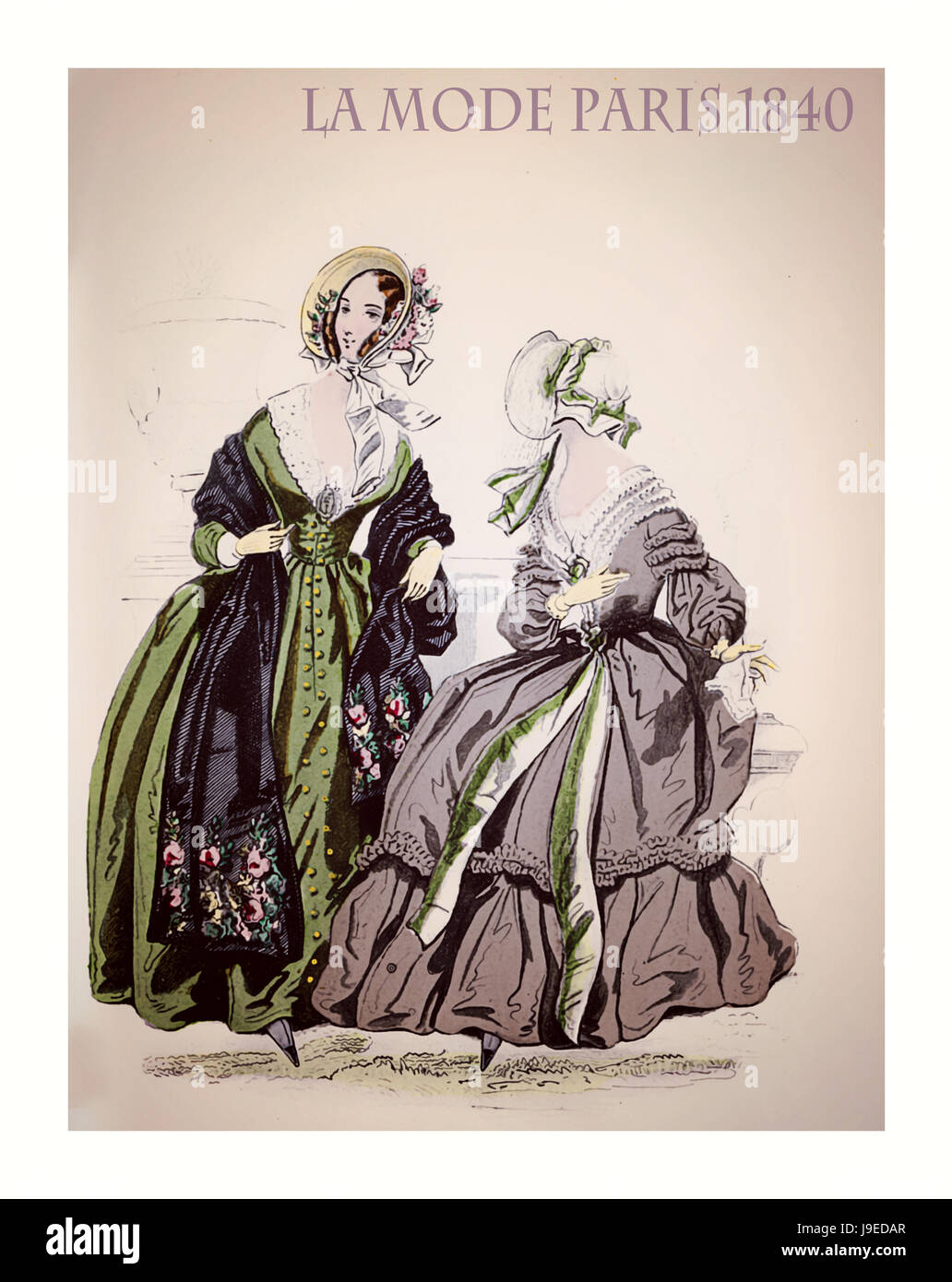 Paris 1840 Mode gekleidet zwei junge Damen, die Phantasie mit Hut