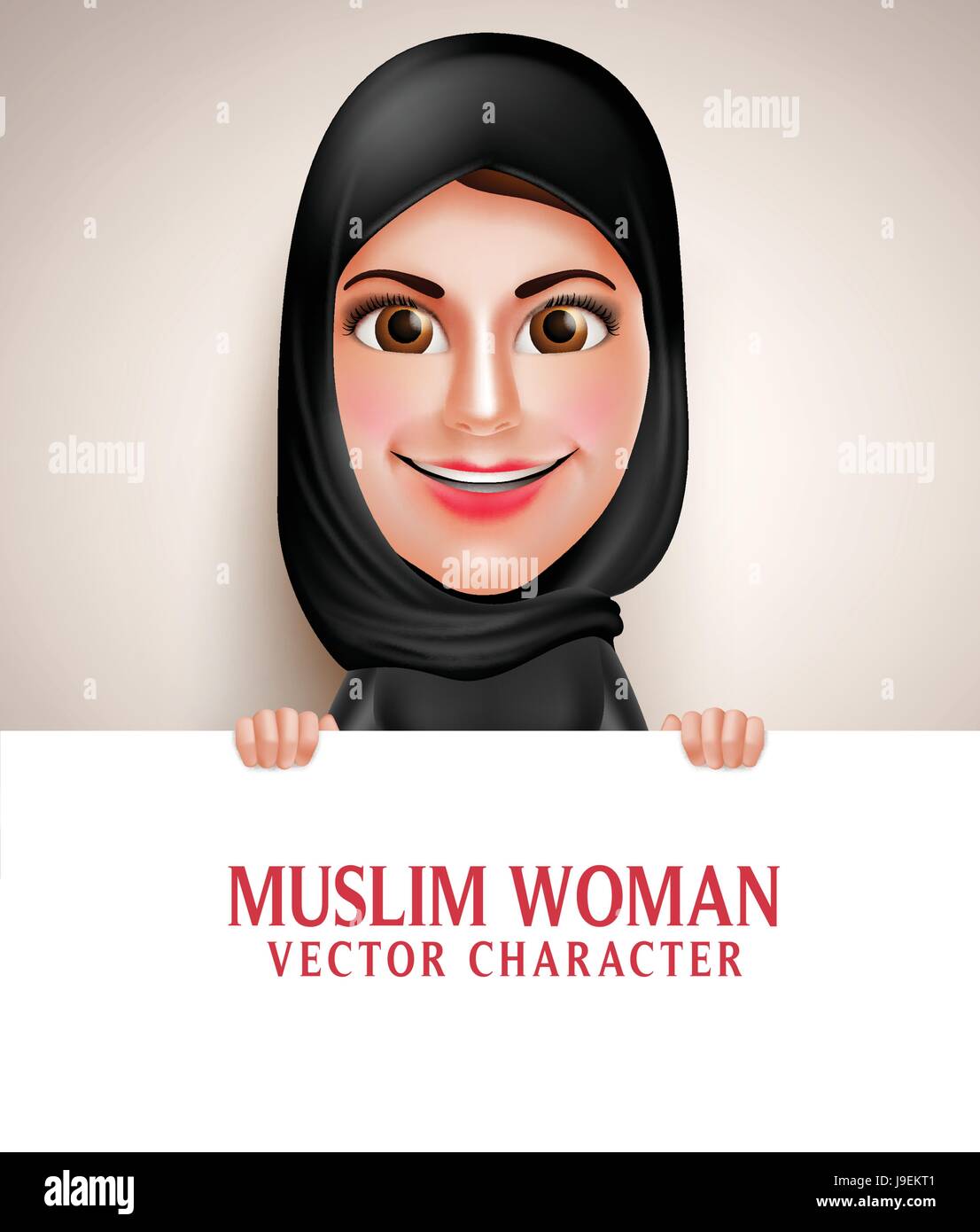 Muslimischen arabischen Frau Vektor Charakter hält leere weißen Tafel mit schönen Lächeln tragen Hijab und islamische Kleidung.  Vektor-Illustration. Stock Vektor