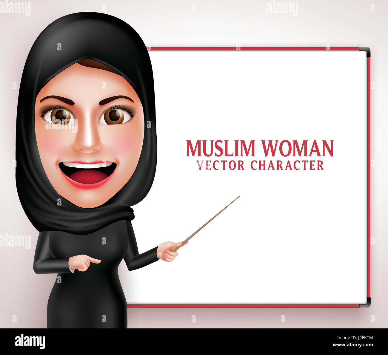 Muslimische Frau Vektor Charakter präsentieren oder Unterricht in weiße Tafel mit schönen Lächeln tragen Hijab und islamische Kleidung. Stock Vektor