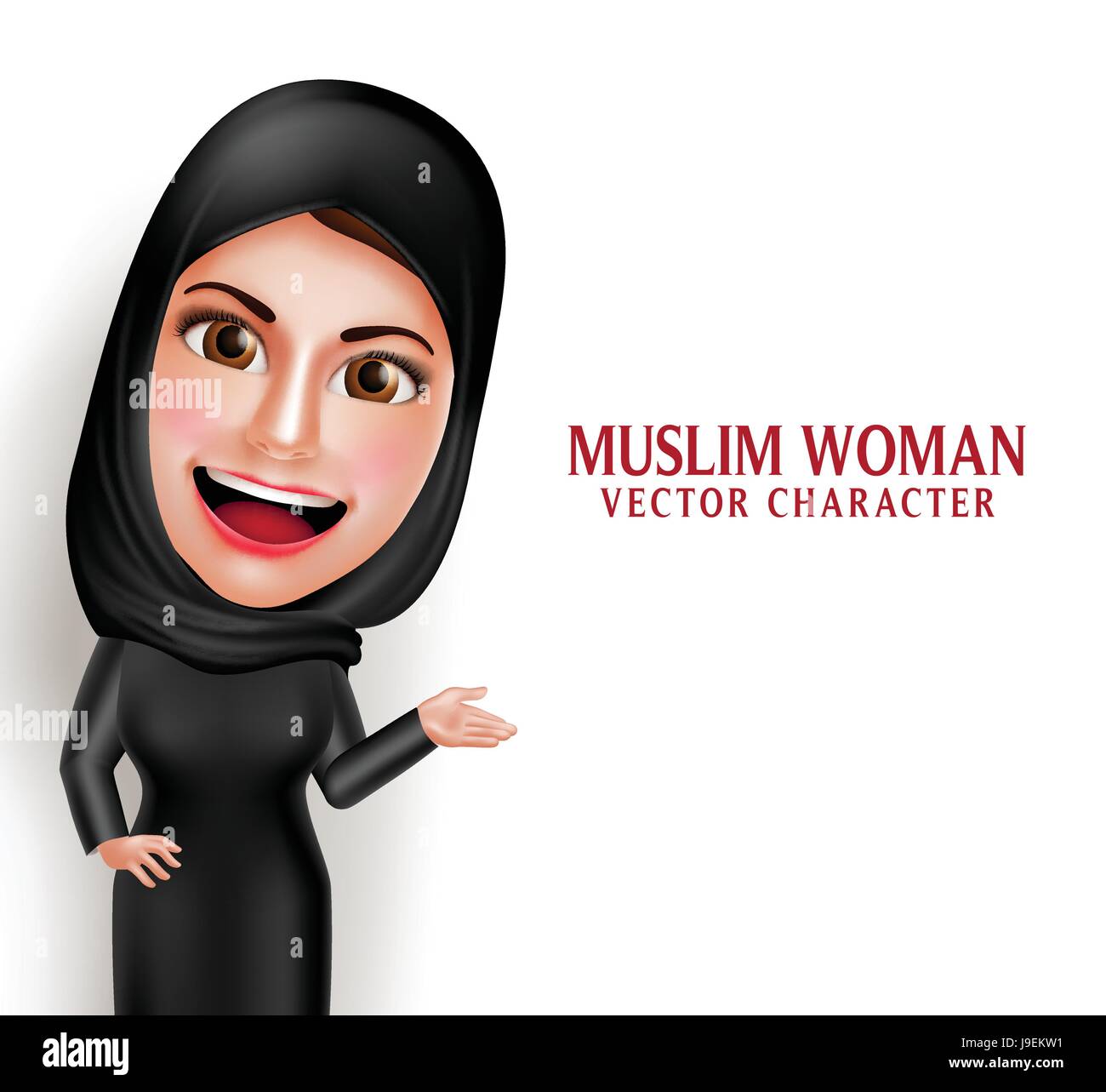 Muslimische Frau Vektor Charakter präsentiert in einem leeren weißen Raum mit schönen Lächeln tragen Hijab und islamische Kleidung stehen in Stock Vektor