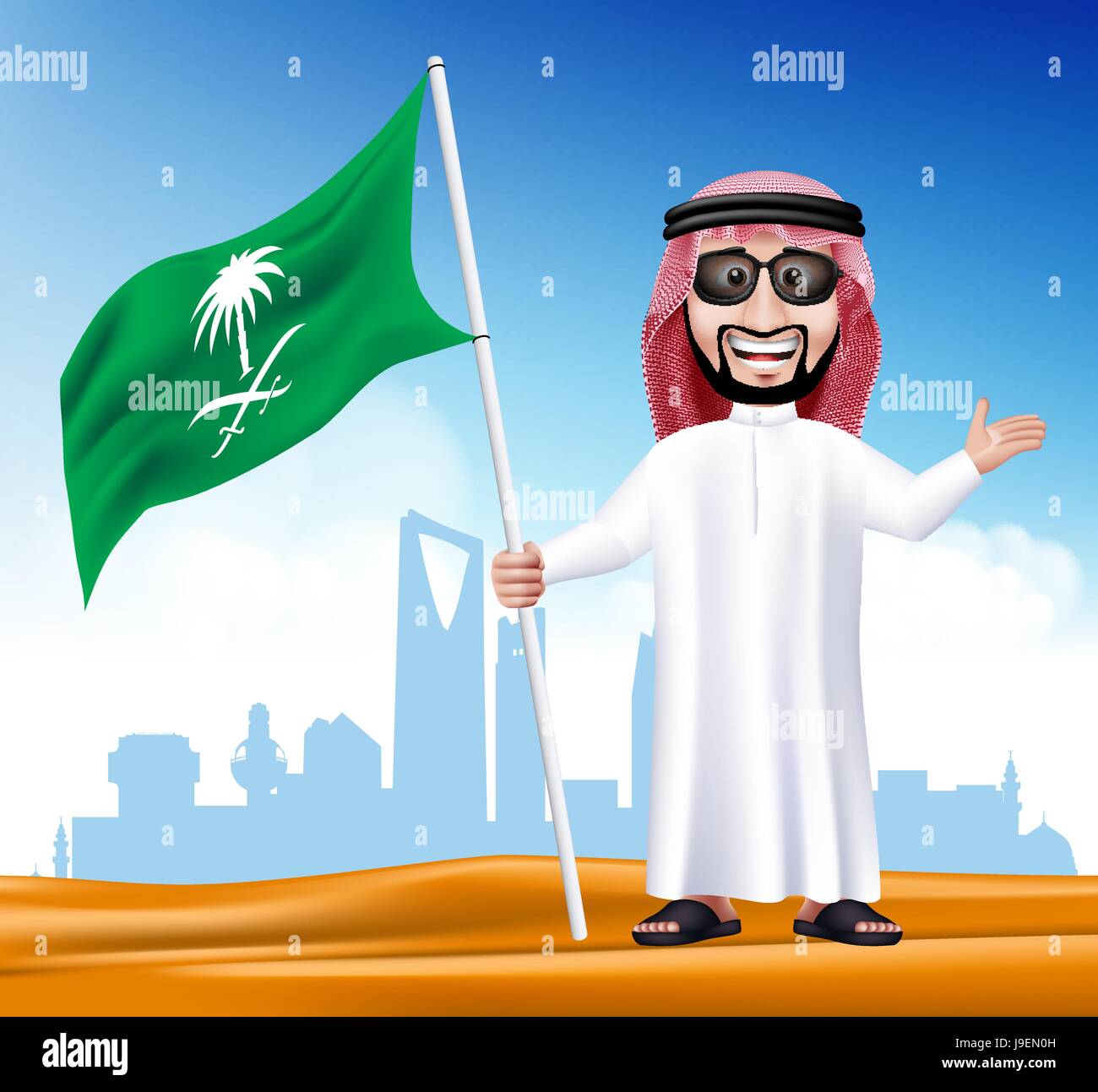 Hübscher Saudi Arabische Mann in traditioneller Kleidung mit Schattierungen Stand mit nationalen Flagge von Saudi-Arabien mit berühmten Gebäuden auf der Rückseite Wüste. Stock Vektor