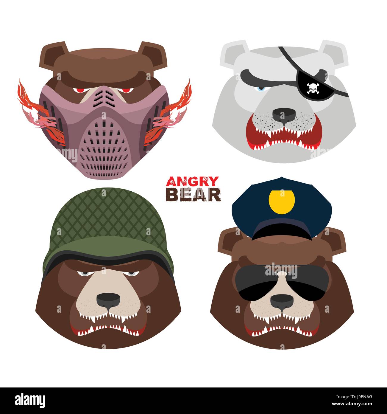 Bären eingestellt. Ein maskierter, Eisbär, Grizzlybär Piraten in einer Armee Helm Bär Polizei Sonnenbrille Stock Vektor