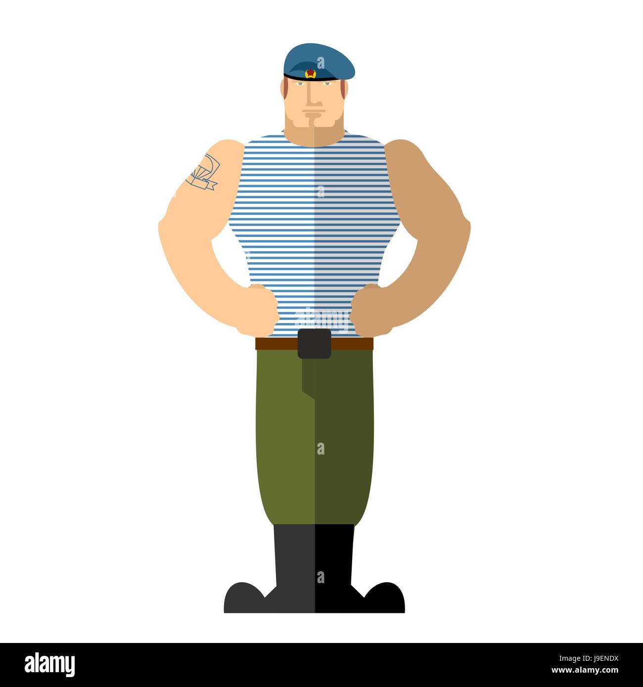 Russische Soldaten. Mann des Militärs in T-shirt und blaue Barett. Ein starker Mann steht. Vektor-Illustration. Luftlandetruppen. Vektor-illustration Stock Vektor