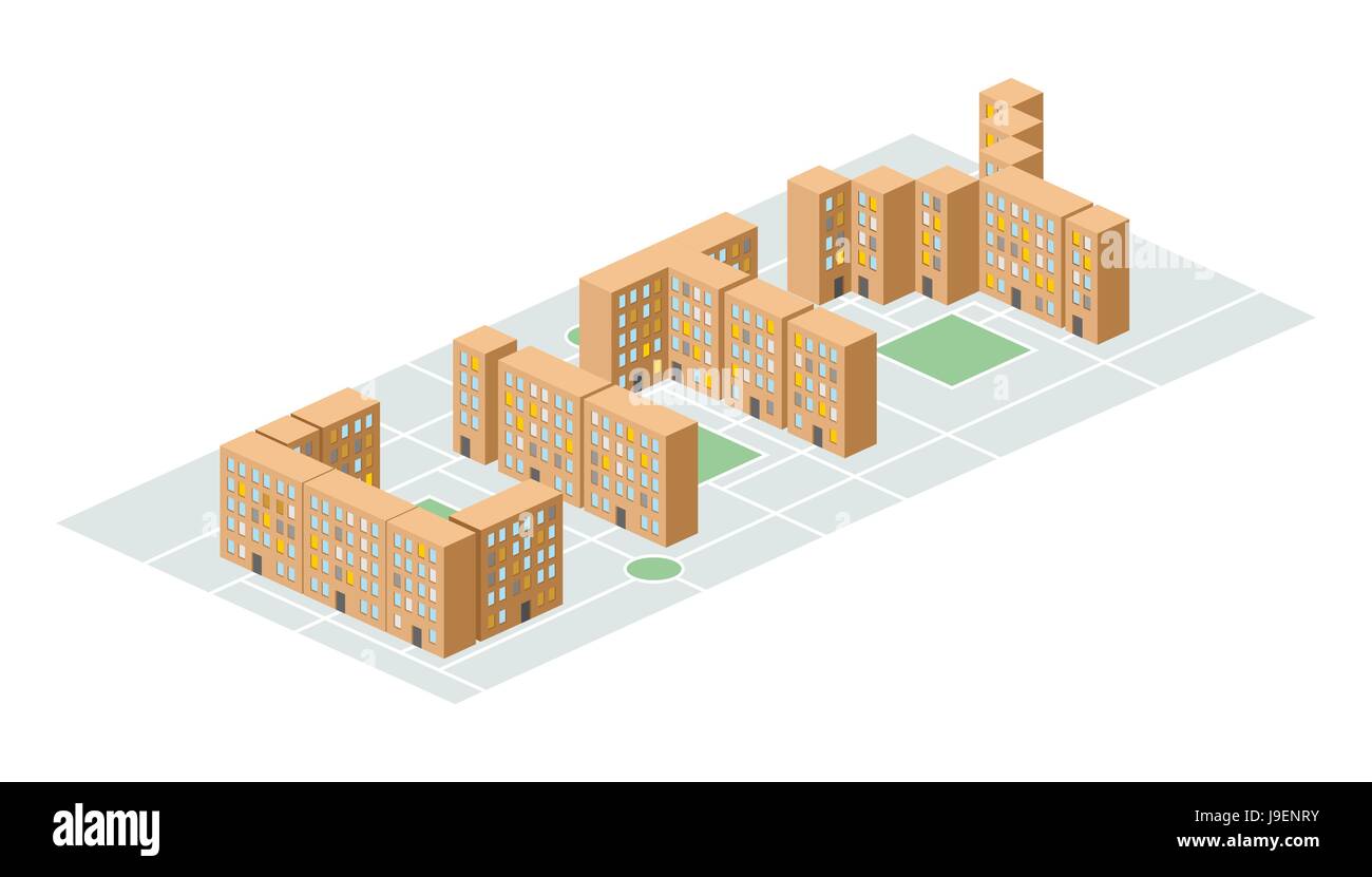 Stadt. Isometrische Gebäude in Form von Briefen. Hof-Menschen in Slums Leben. Vektor-Illustration. Neue schlafende Bereich Stadtrand Stock Vektor