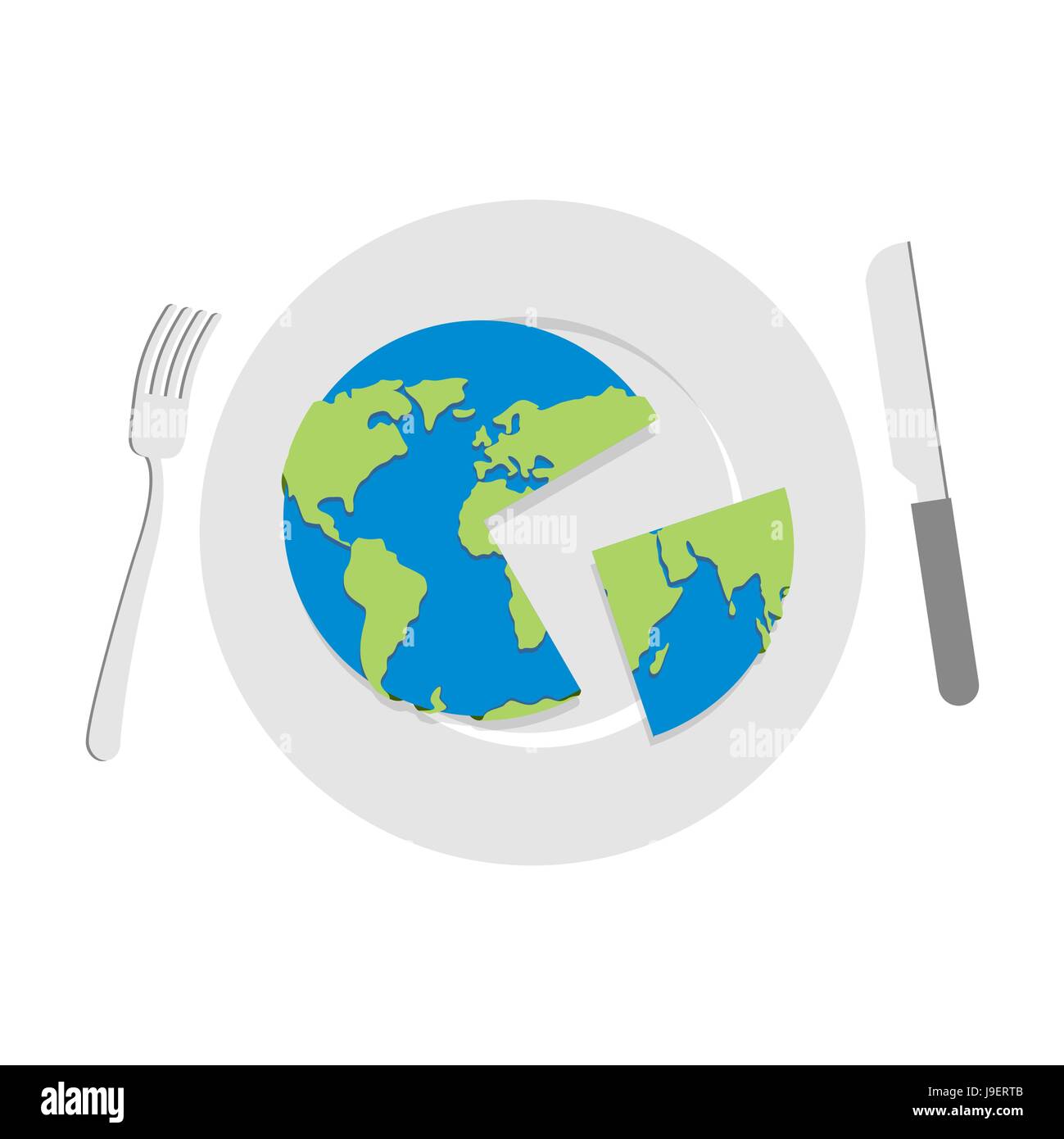 Erde auf Platte. Globus mit einem Messer geschnitten. Besteck: Messer und Gabel. Ganzen Welt essen. Politischen Küche. Stock Vektor