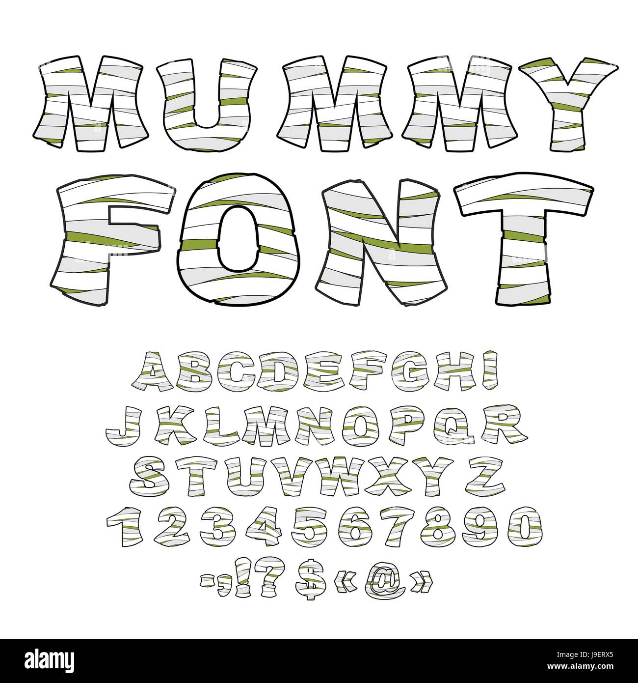 Mumie Schriftart. Alphabet in Bandagen. Monster-Zombie Buchstaben des lateinischen Alphabets. Einbalsamierung Buchstaben gelernt. Alte ägyptische Art Buchstaben, Zahlen und Wortspiel Stock Vektor