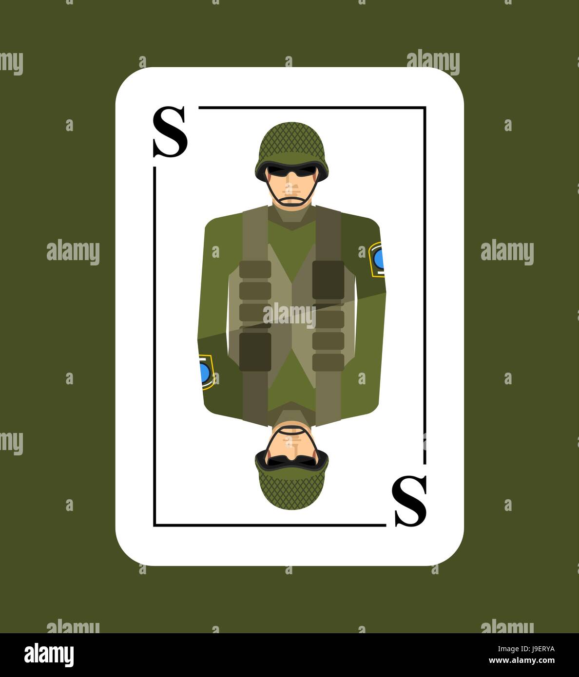 Spielkarten-Soldaten. Konzeptionell neue Karte Mann des Militärs. Findet im Spiel alle Zeichen.  Streitkräfte in Helm und Flak Weste. Stock Vektor