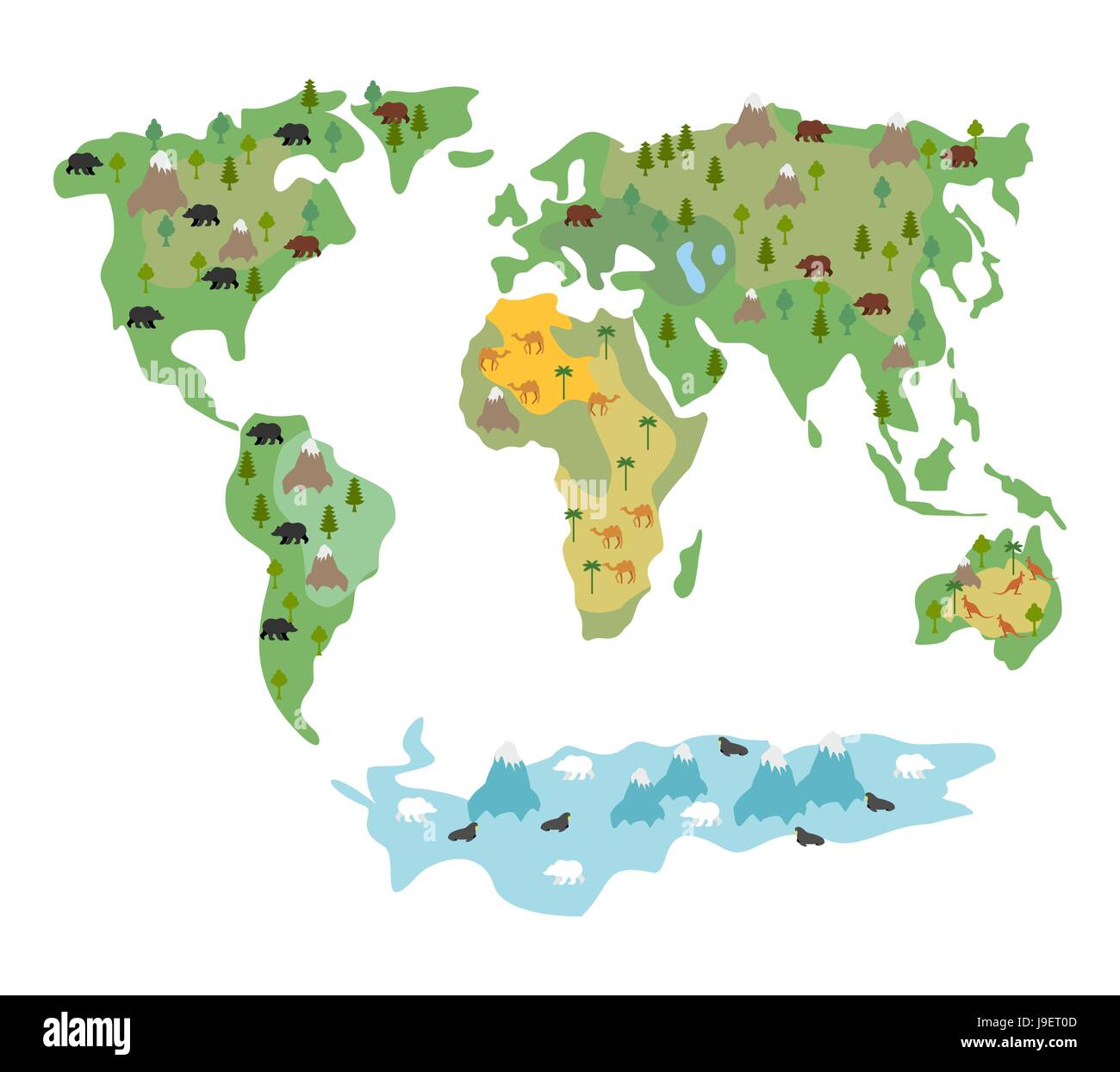 Karte von Welt mit Tieren und Bäumen. Landkarte Globus mit Flora und Fauna. Bedingte Cartoon Kinder Karte mit Bären und Kängurus. Weltkarte Stock Vektor