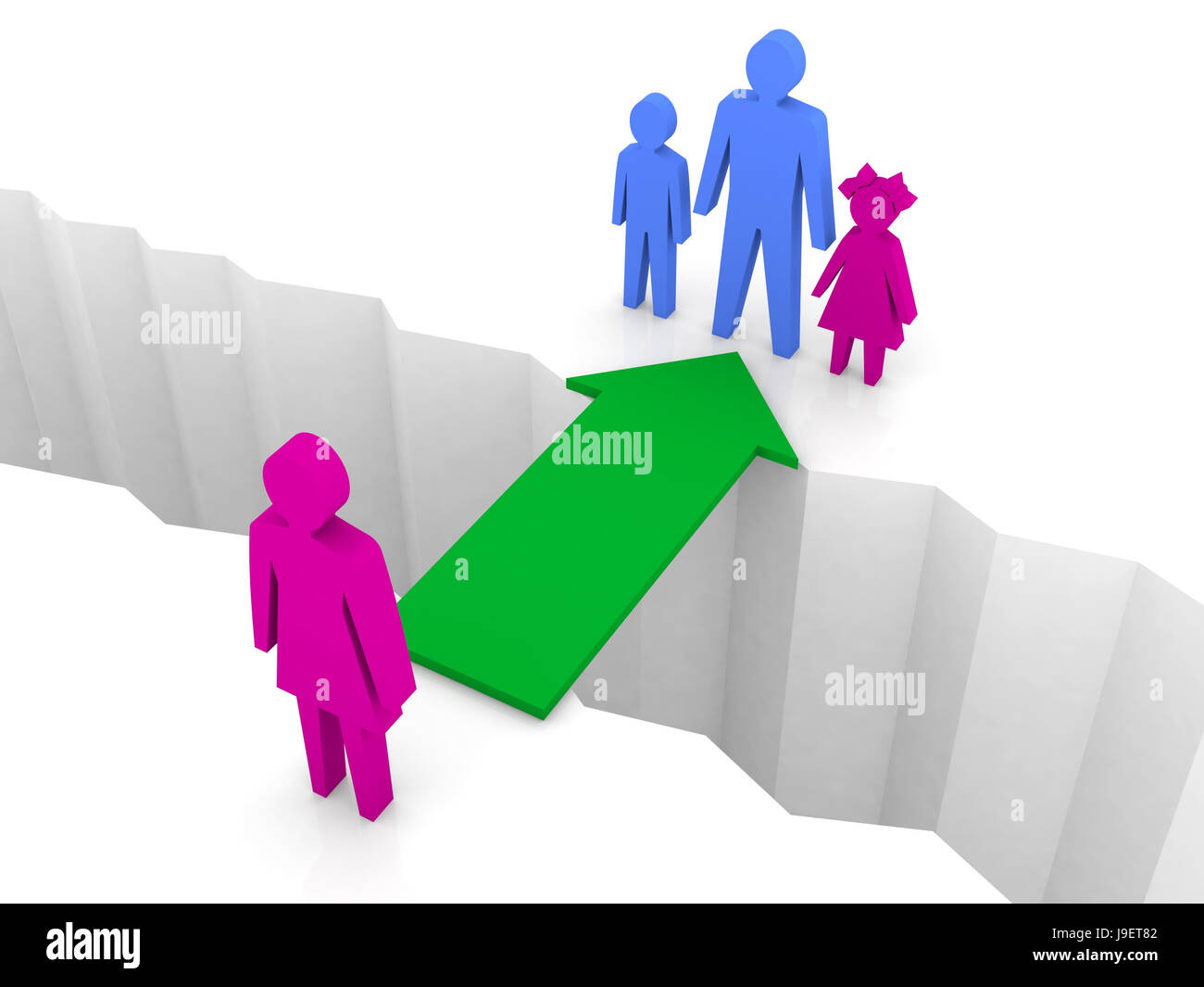 Brücke zwischen Frau und Mann mit Kindern. Familientreffen. 3D Illustration Konzept. Stockfoto