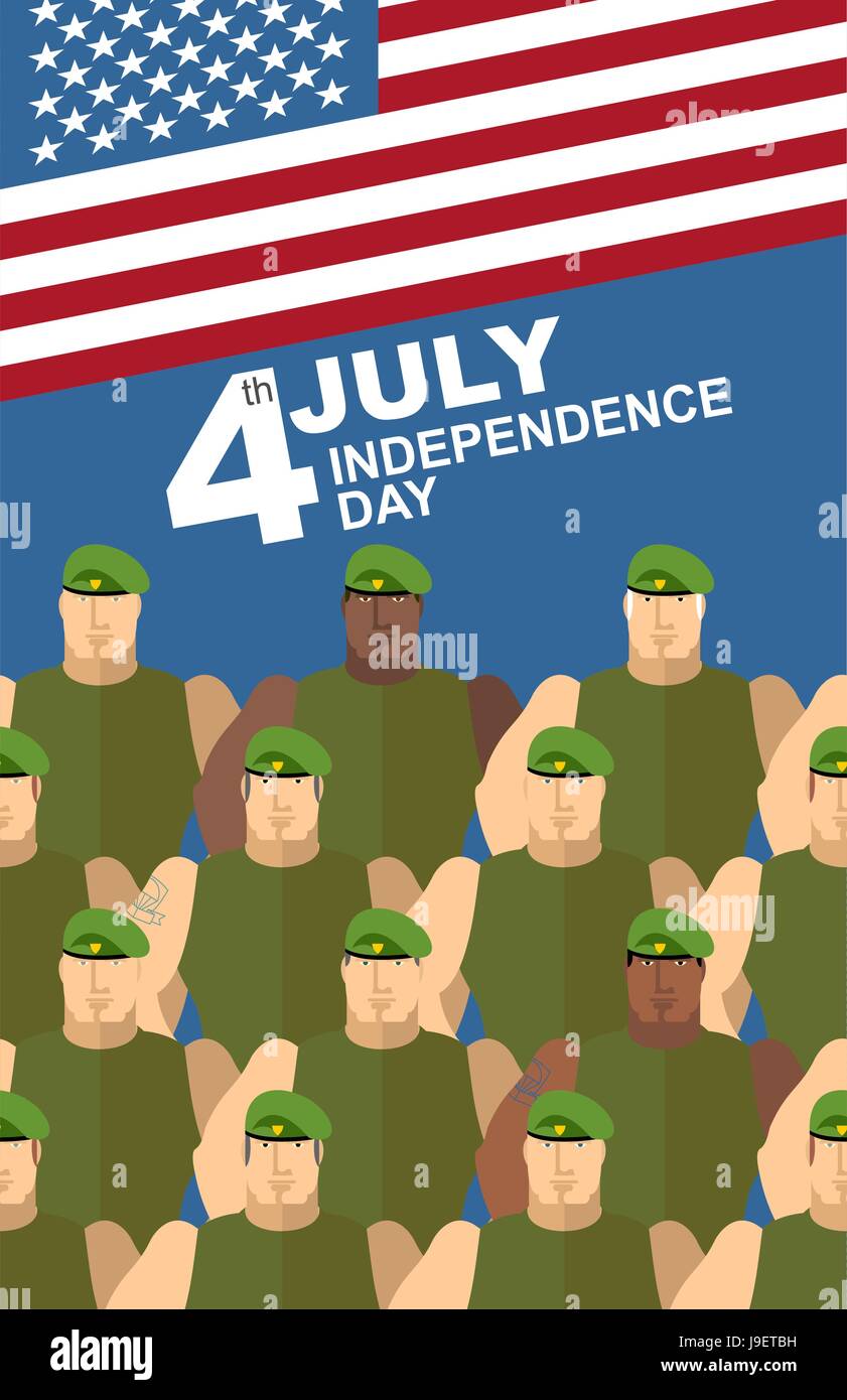 4. Juli. Amerikanischer Unabhängigkeitstag. Soldaten in Green Berets. Special Forces. Amerikanische Flagge. Vektor-Glückwunsch-Karte Stock Vektor