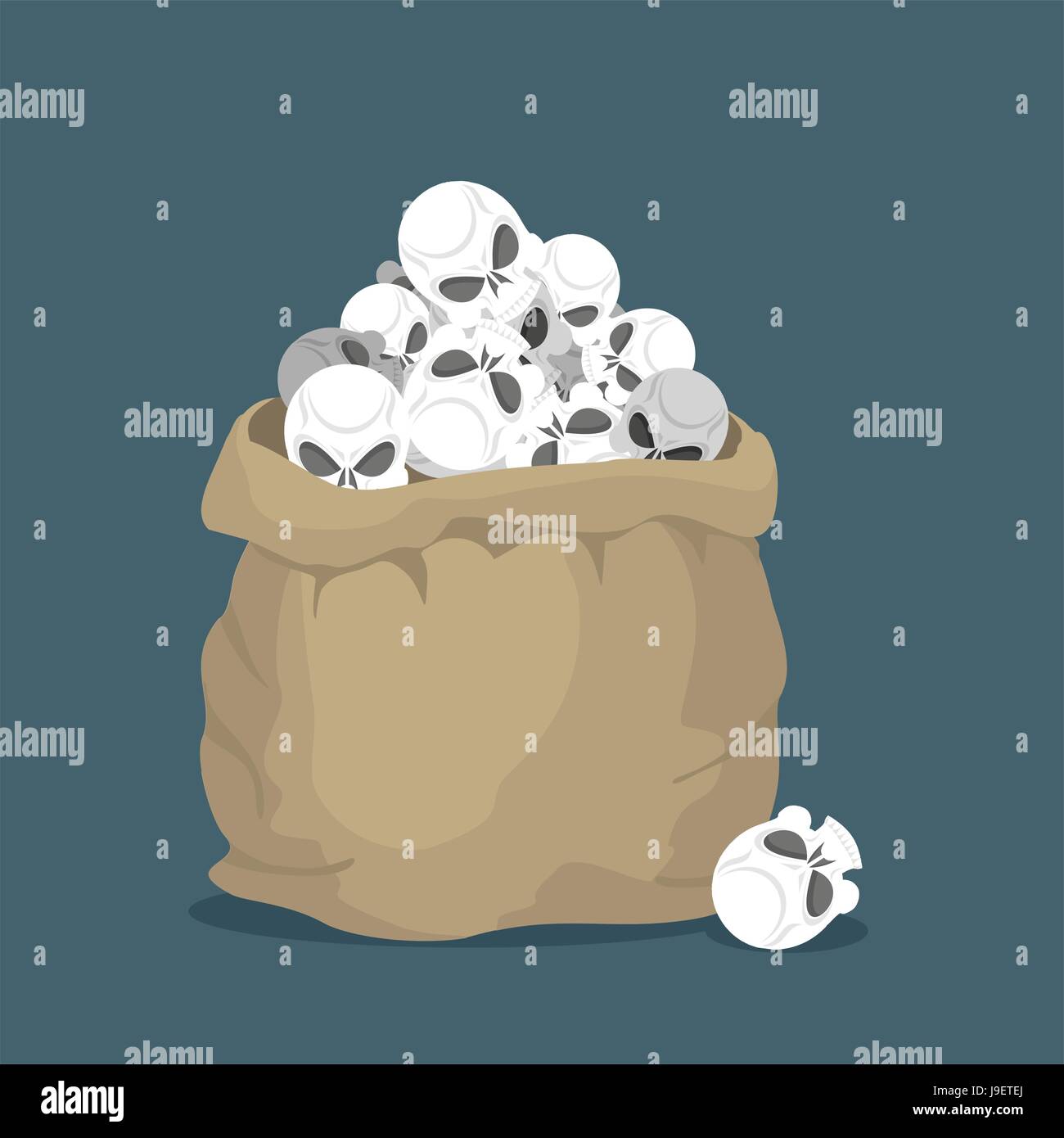 Plünderung Schädel. Offene Beutel mit den Leitern der Skelette. Es gibt viele gruselige tot im Beutel. Tasche von Tod.  schreckliche Abbildung. Stock Vektor
