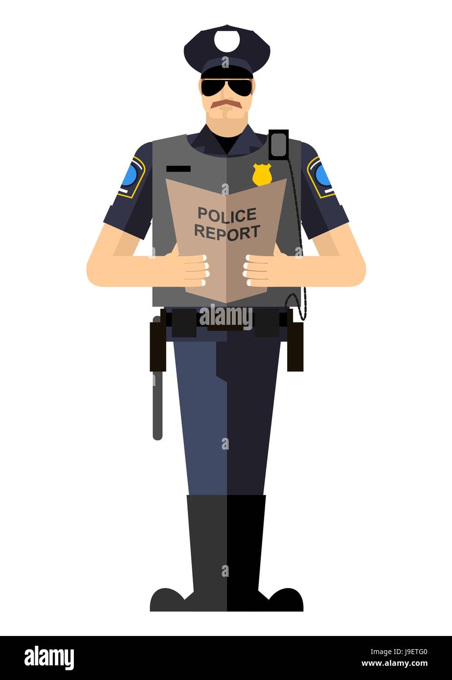 Polizist mit einem Bericht über eine Standing Ovation. Polizei isoliert. Die Verhaftung Stock Vektor