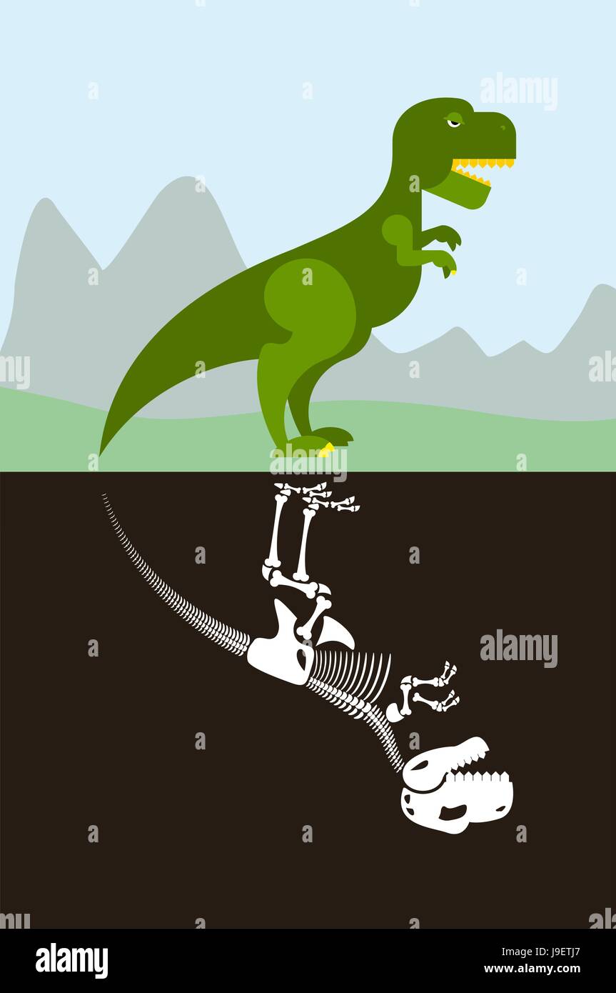 Tyrannosaurus in der Natur. Skelett im Boden Boden. Jurassic Monster und alten Raptor in Würfel schneiden. Stock Vektor