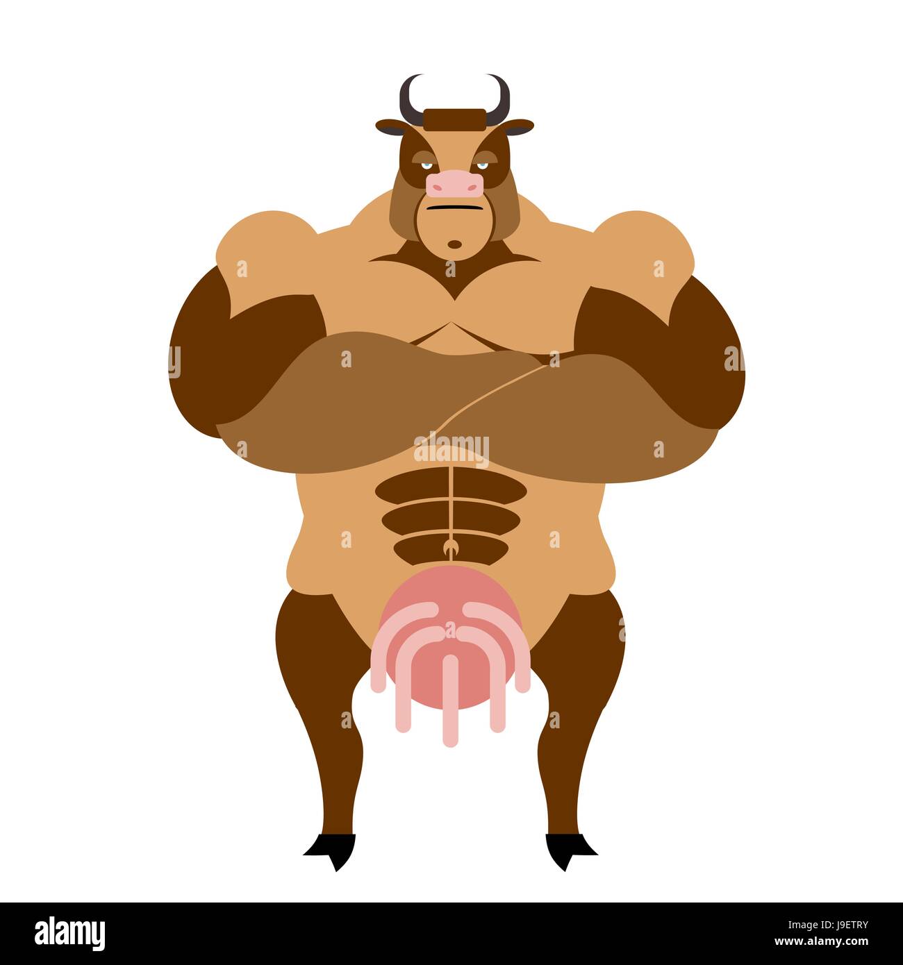 Strong Kuh auf Steroiden. Tier von Anabolika. Nutztier mit großen Muskeln. Sport Tiere Bodybuilder. Böse gehörnte Tier. Stock Vektor