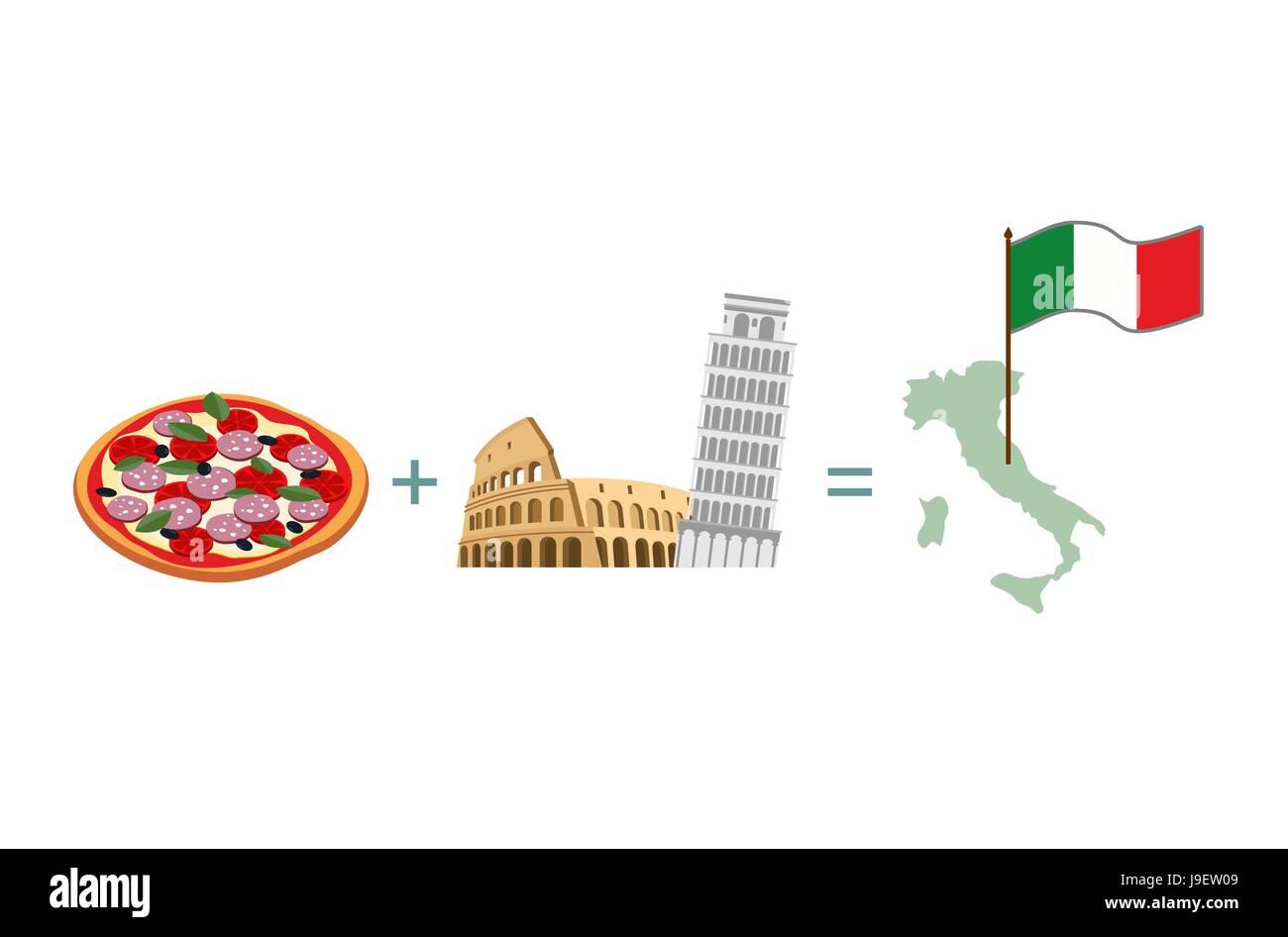 Pizza und italienische Zeichen-Attraktionen. Karte und Flagge von Italien Stock Vektor