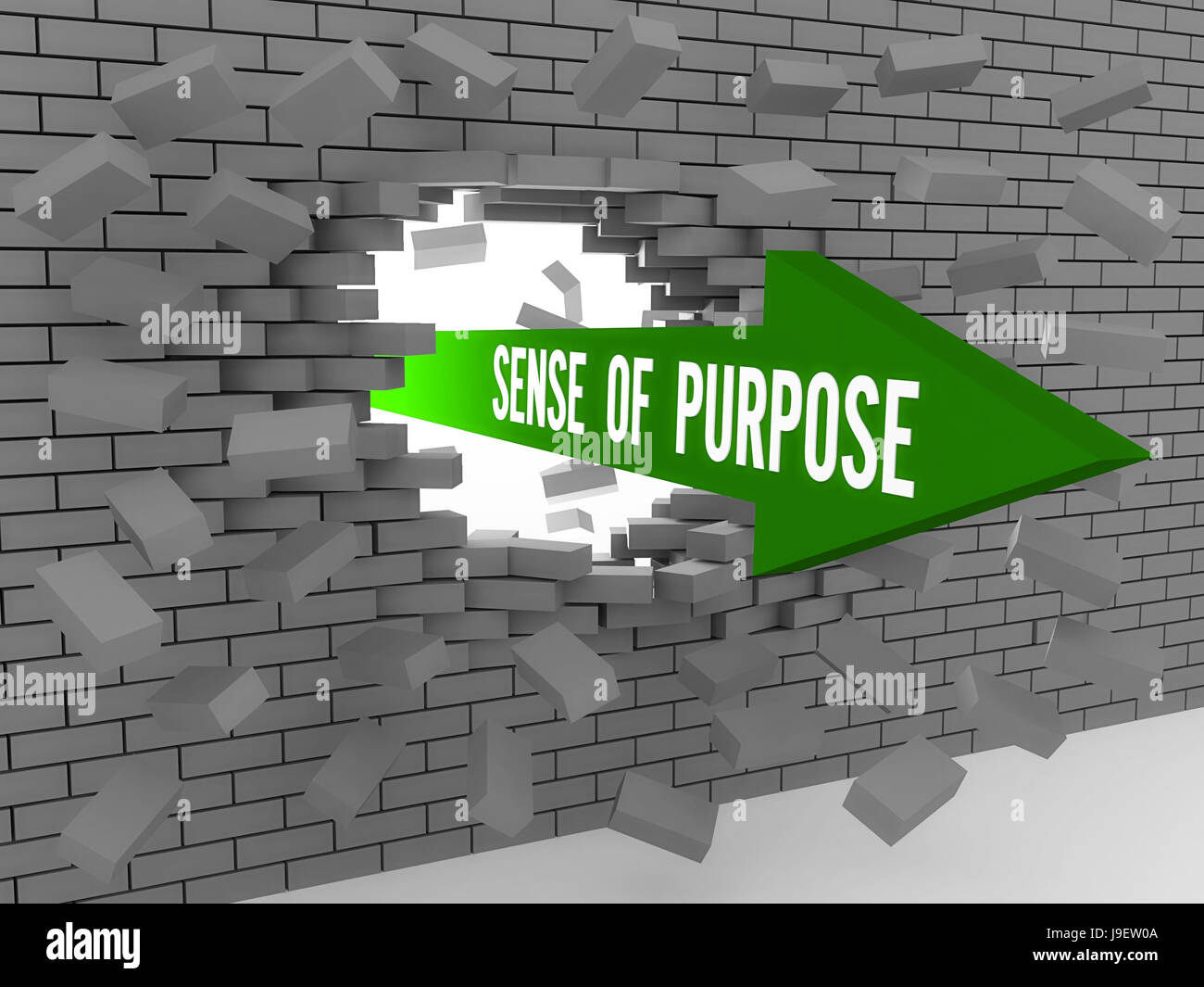 Pfeil mit Worten Sense of Purpose brechen Ziegelwand. 3D Illustration Konzept. Stockfoto