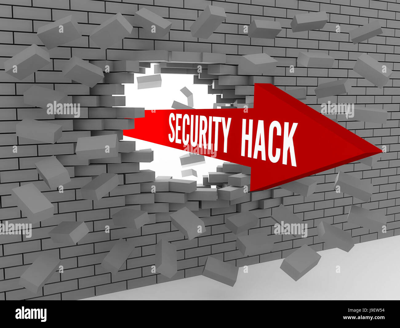 Pfeil mit Worten Security Hack brechen-Mauer. 3D Illustration Konzept. Stockfoto