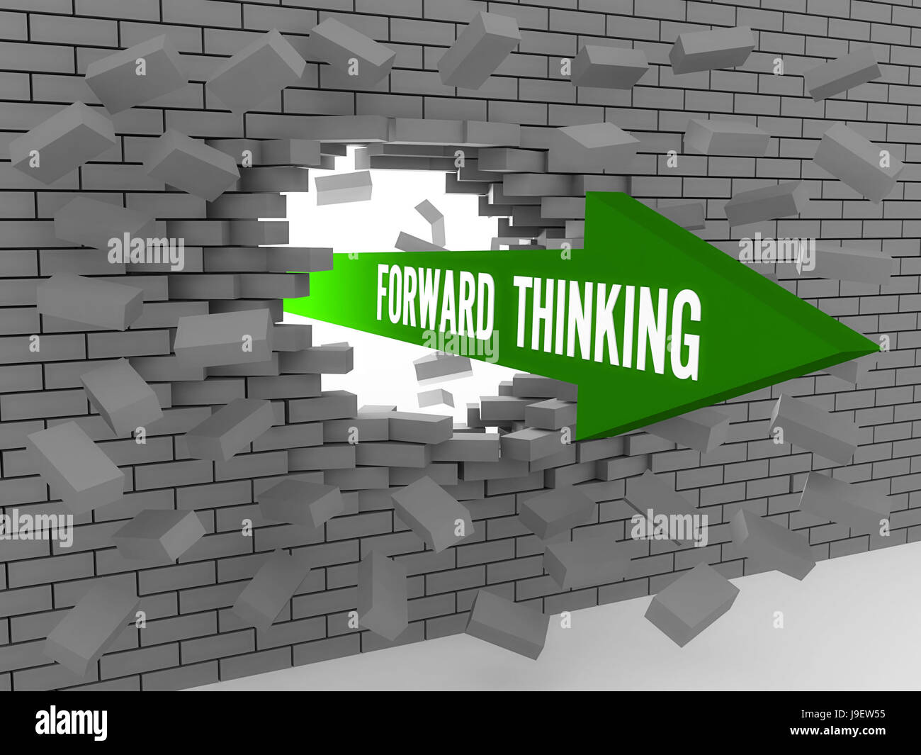 Pfeil mit Worten vorausschauendes Denken brechen-Mauer. 3D Illustration Konzept. Stockfoto