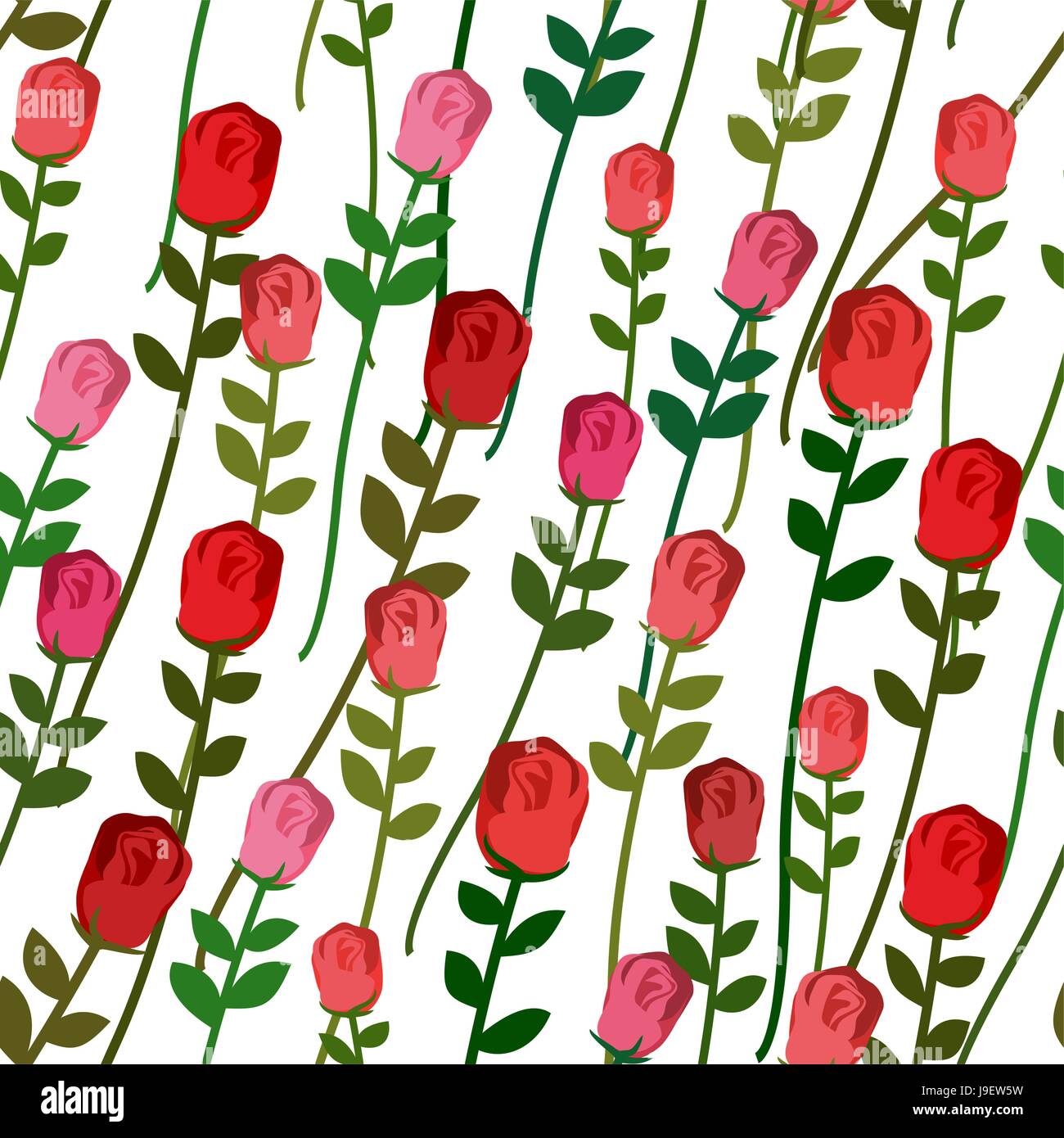 Nahtlose Muster Rosen. Rose mit einem langen Stiel und Blättern. Vektor-Vintage-Hintergrund der schönen roten und rosa Blüten. Floral retro Ornament. Stock Vektor