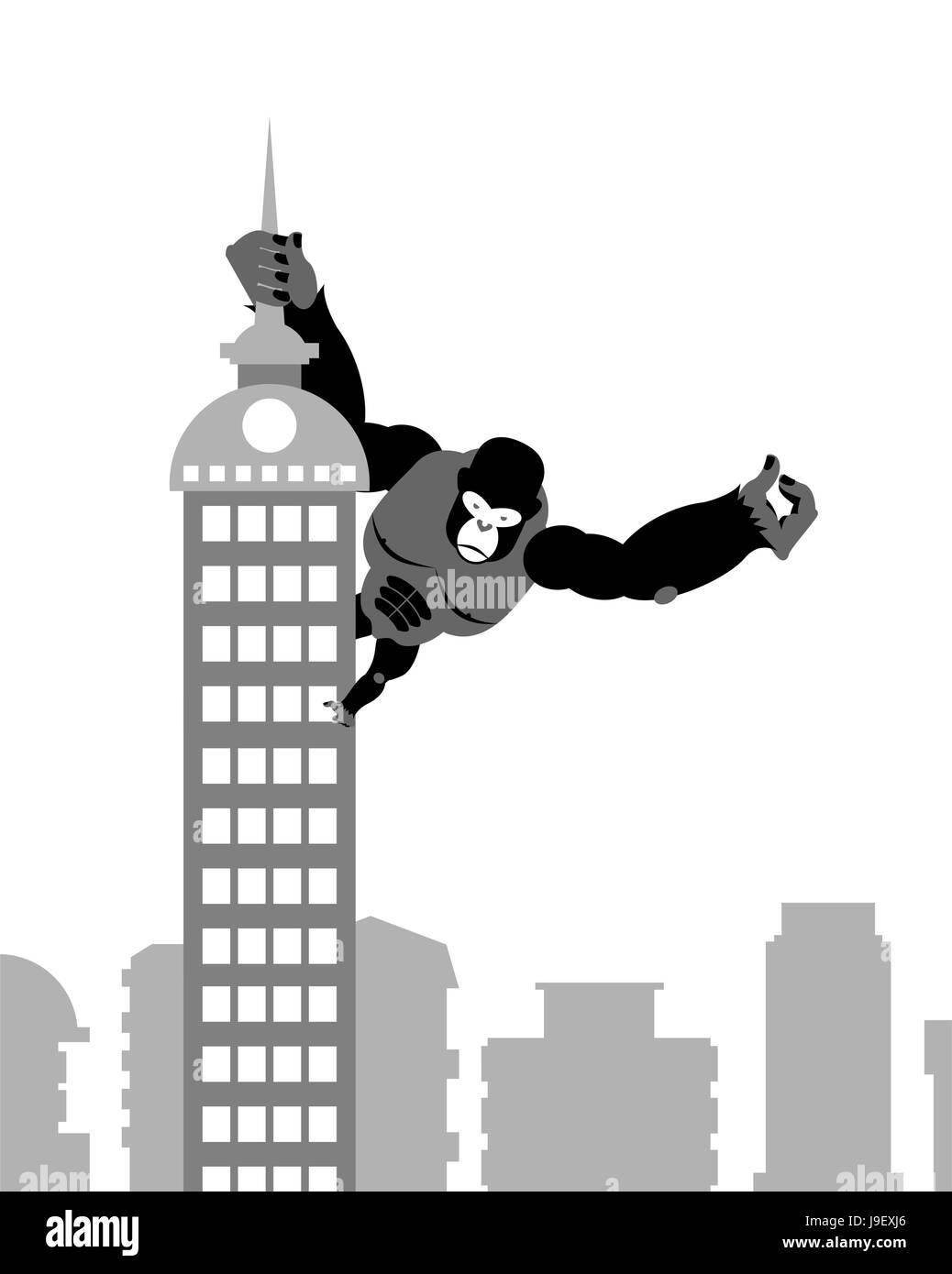 Affe auf Gebäude. Starke große Gorilla hält Spire Wolkenkratzer. Affe in der Stadt. Stock Vektor
