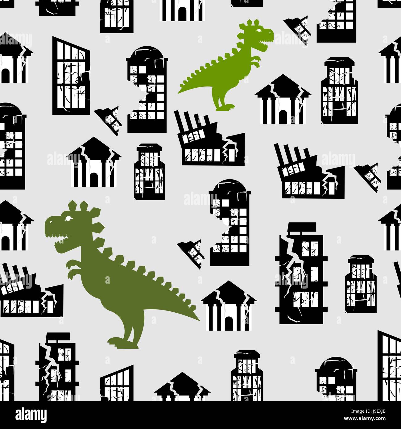 Godzilla zerstört Stadt Musterdesign. Große Monster bricht Gebäude. Zerstörung der Stadtbüro zu Hause. Hintergrund der schrecklichen aggressiv ein Stock Vektor