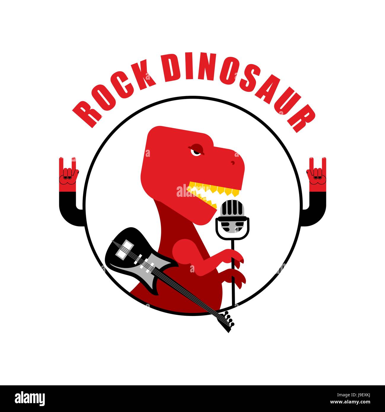 Rock-Dinosaurier-Emblem für alten Rock-Musiker. Tyrannosaurus ist Vintage Mikrofon Lied singen. Jurassic Tier mit einer e-Gitarre. Alten Cree Stock Vektor