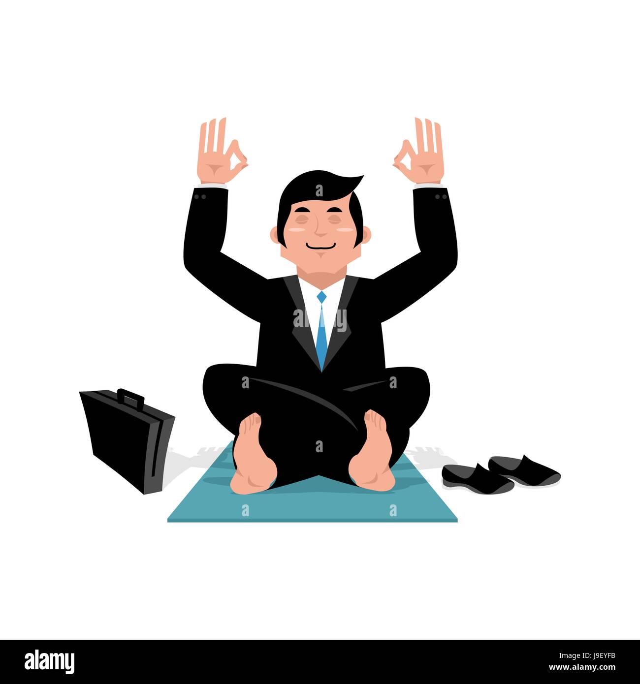 Geschäftsmann, Yoga zu tun. Mann im Anzug sitzen im Lotussitz. Meditation im Büro während der Arbeitszeit. Entspannung nach der Arbeit Manager Stock Vektor