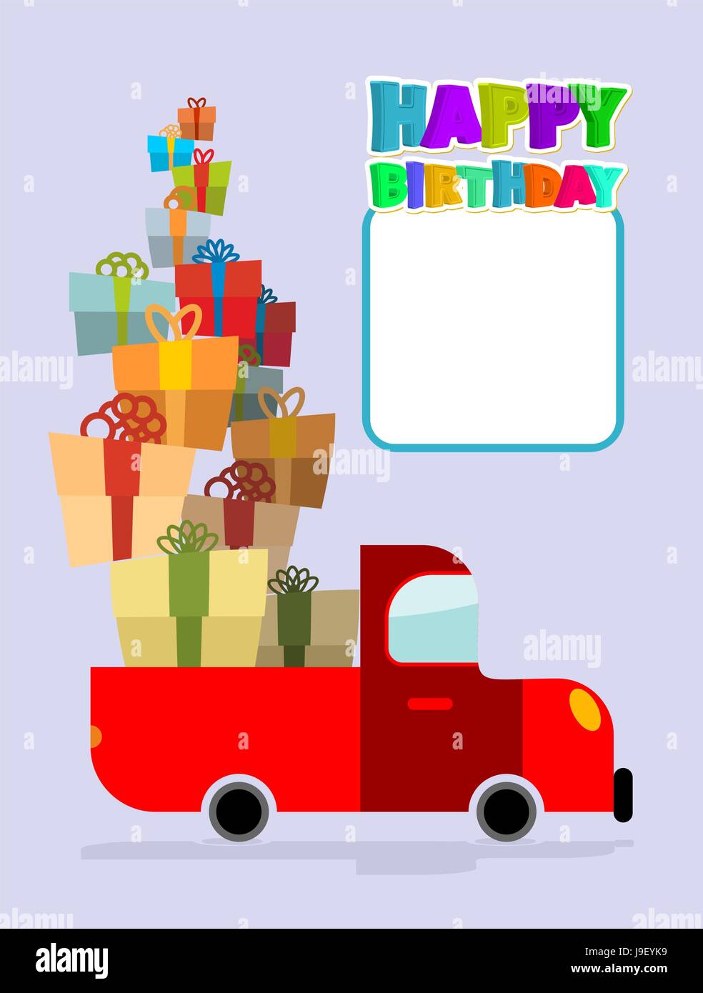 Herzlichen Glückwunsch zum Geburtstag. LKW mit Geschenken. Auto und
