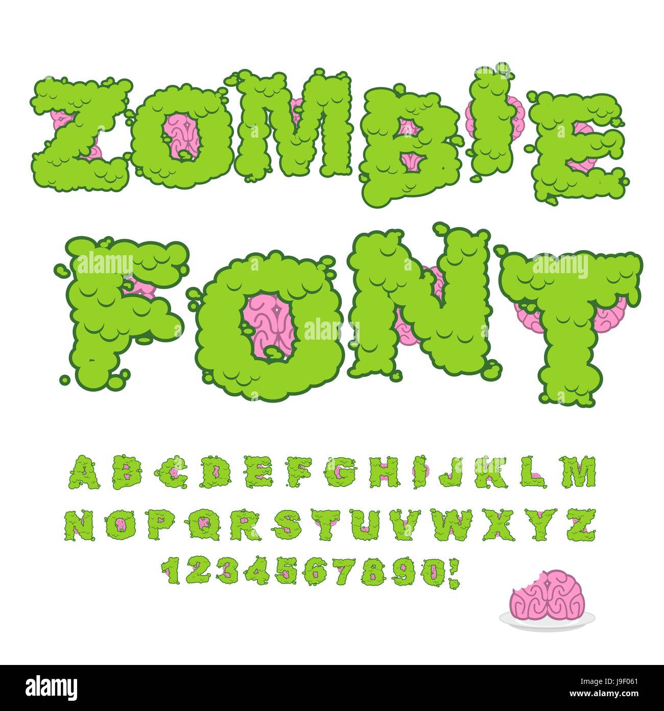Zombie-Schriftart. Unheimlich grünen Buchstaben und Gehirn. Schreckliche Halloween Alphabet.  ABC von The Walking Dead Stock Vektor