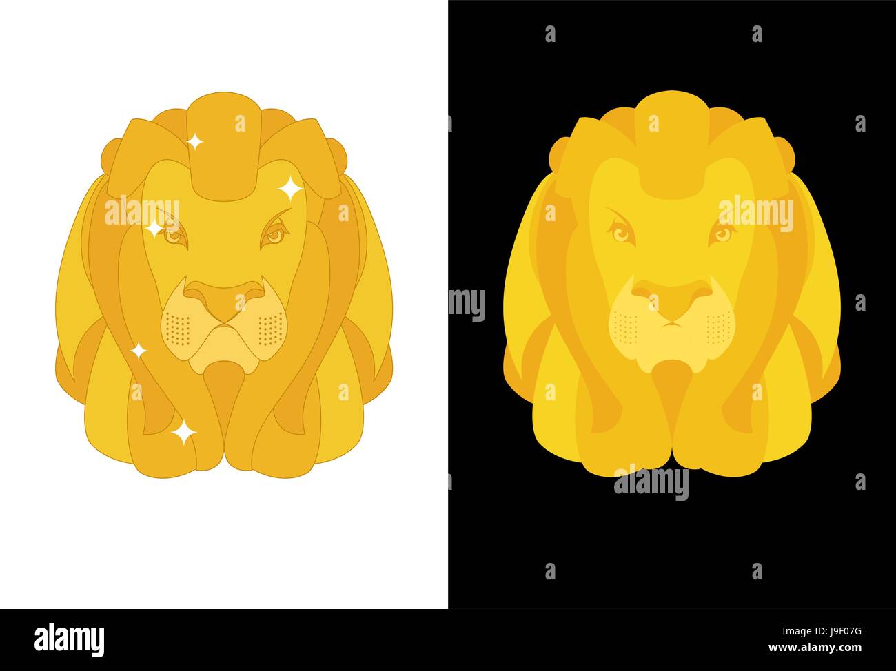 Goldenen Löwen. Raubtiere Kopf mit Mähne des gelben goldenen Edelmetall. Schatz-Tier-Figur Stock Vektor
