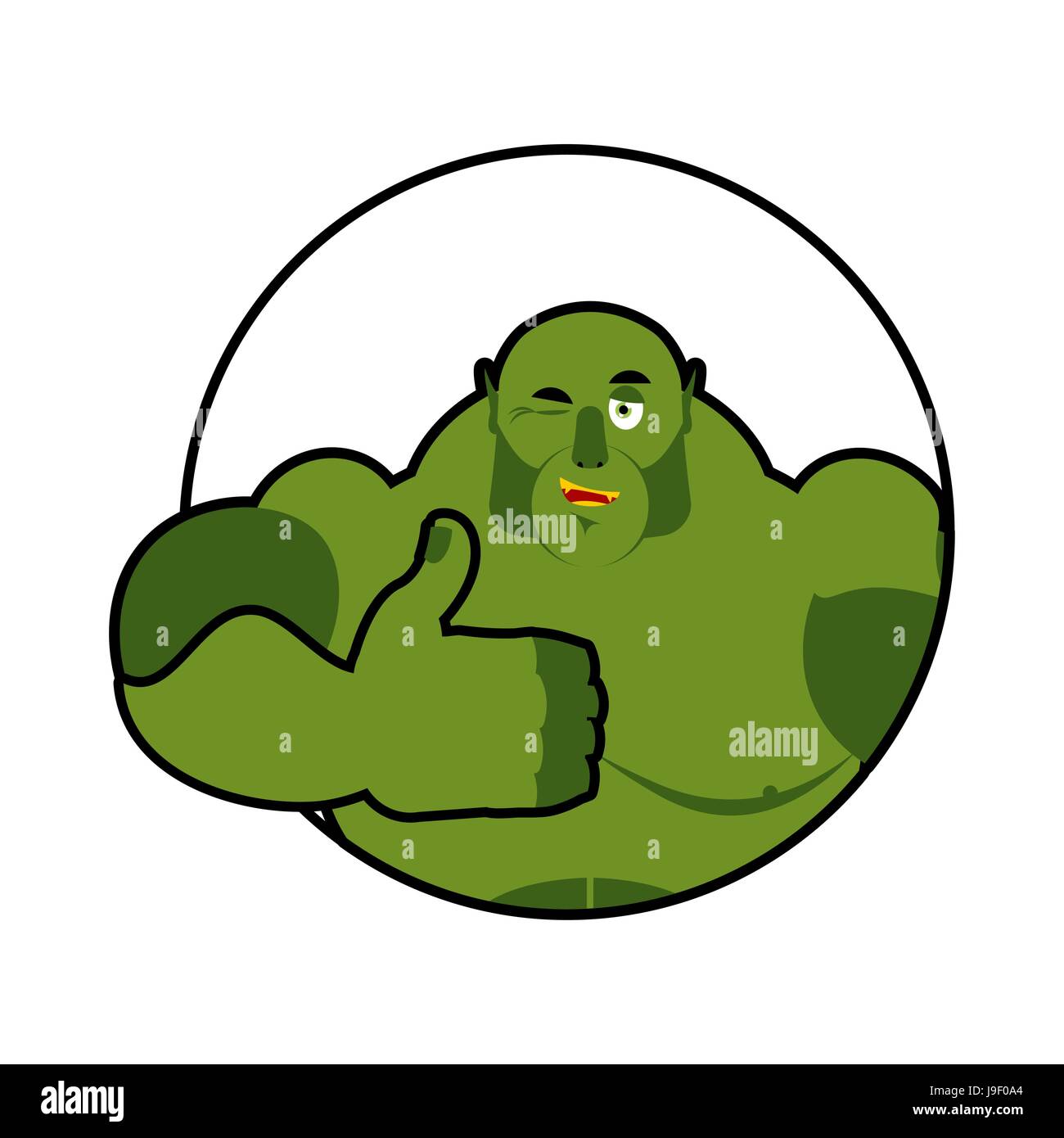 Goblin zeigt gut. Melden Sie sich alles in Ordnung. Daumen nach oben. Hand mit ok. Geste Hände Troll. Fröhliche Oger mit großen Muskeln Stock Vektor