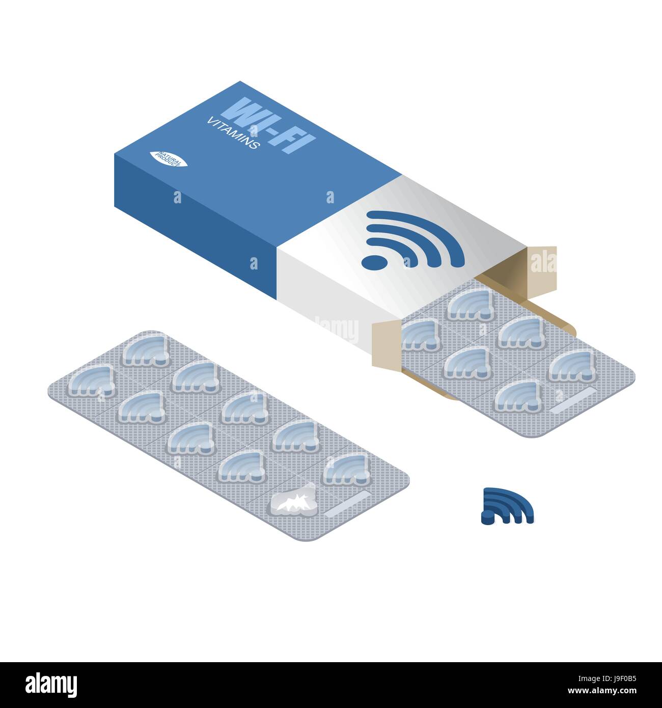 Wi-Fi-Pillen in der Packung. Tabletten in Box. Natürliche Produkte für die drahtlose Übertragung von Internet. WiFi-Pille. Technologie-Medizin. Medikamente Stock Vektor