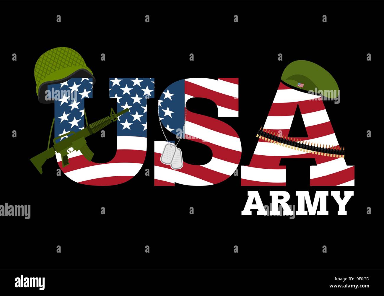 United States Army. Militärische Ausrüstung von Amerika. Logo für die amerikanische Armee. Amrik Flagge. Automatische und Gewehr. Soldaten-Barett. Militärischer Schutzhelm Stock Vektor