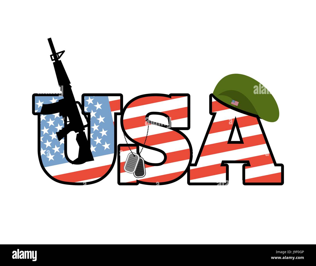US Army Emblem. Flagge der Vereinigten Staaten. Barett grün. Gewehr. Soldaten-Abzeichen. Patriotische Land Logo. USA-Armee. Amerikanische Flagge und Pistole. Amerikanische Stock Vektor