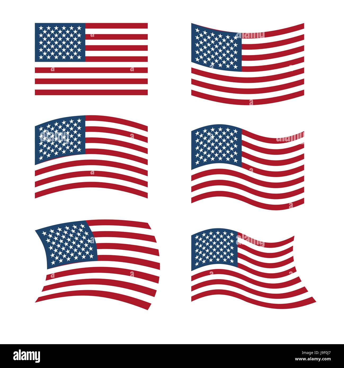 Flagge der USA. Satz von Flags of America in verschiedenen Formen. Amerikanische Flagge auf weißem Hintergrund. Sich entwickelnde Flagge. Nationales Symbol der Vereinigten Staaten Stock Vektor