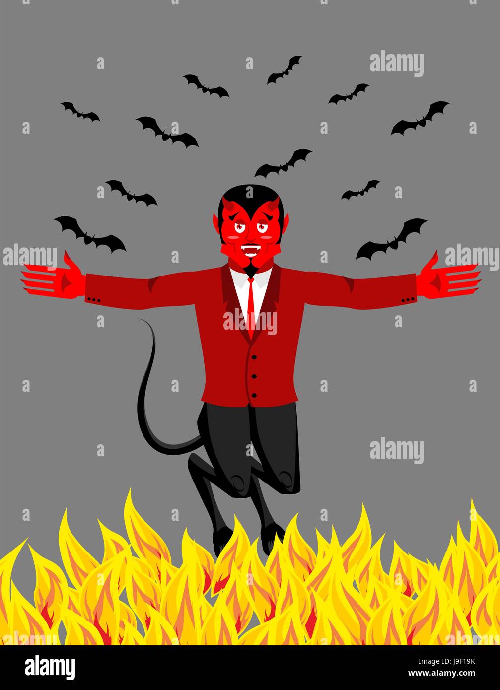 Rote Teufel in der Hölle. Lustige Dämon und Fledermaus. Satan mit Hörnern. Schlaue Mephistopheles. Diablo Prinz der Dunkelheit und der Unterwelt. Luzifer-Chef. Religiöse und Stock Vektor