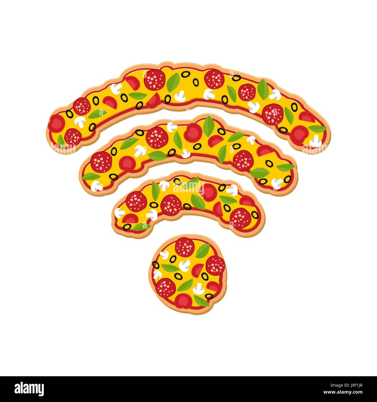 Wi-Fi-Pizza. Köstliche Mahlzeit drahtlose Übertragung. Remote-Zugriff-Fast-Food. Drahtloses Netzwerk italienisches Essen. Symbol WLAN-Stück Pizza. Illustration für Stock Vektor