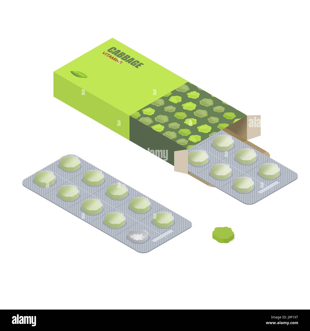 Kohl-Pillen in der Packung. Vegetarische Vitamine. Diät Tabletten.  Natürliche Produkte für Gesundheit in Form von grünen Kohl. Medikament  pflanzlich. Medizinische Medikament Stock-Vektorgrafik - Alamy
