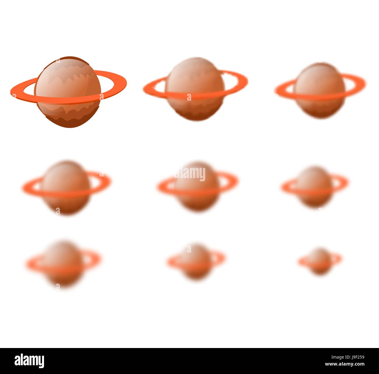 Saturn. Planet Saturn isoliert. Saturns Ringe. Planet Saturn mit unterschiedlichem Grad der Unschärfe einstellen. Unschärfe-Effekt Saturn. Astronomische Objekte. Kosmische Sterne Stock Vektor