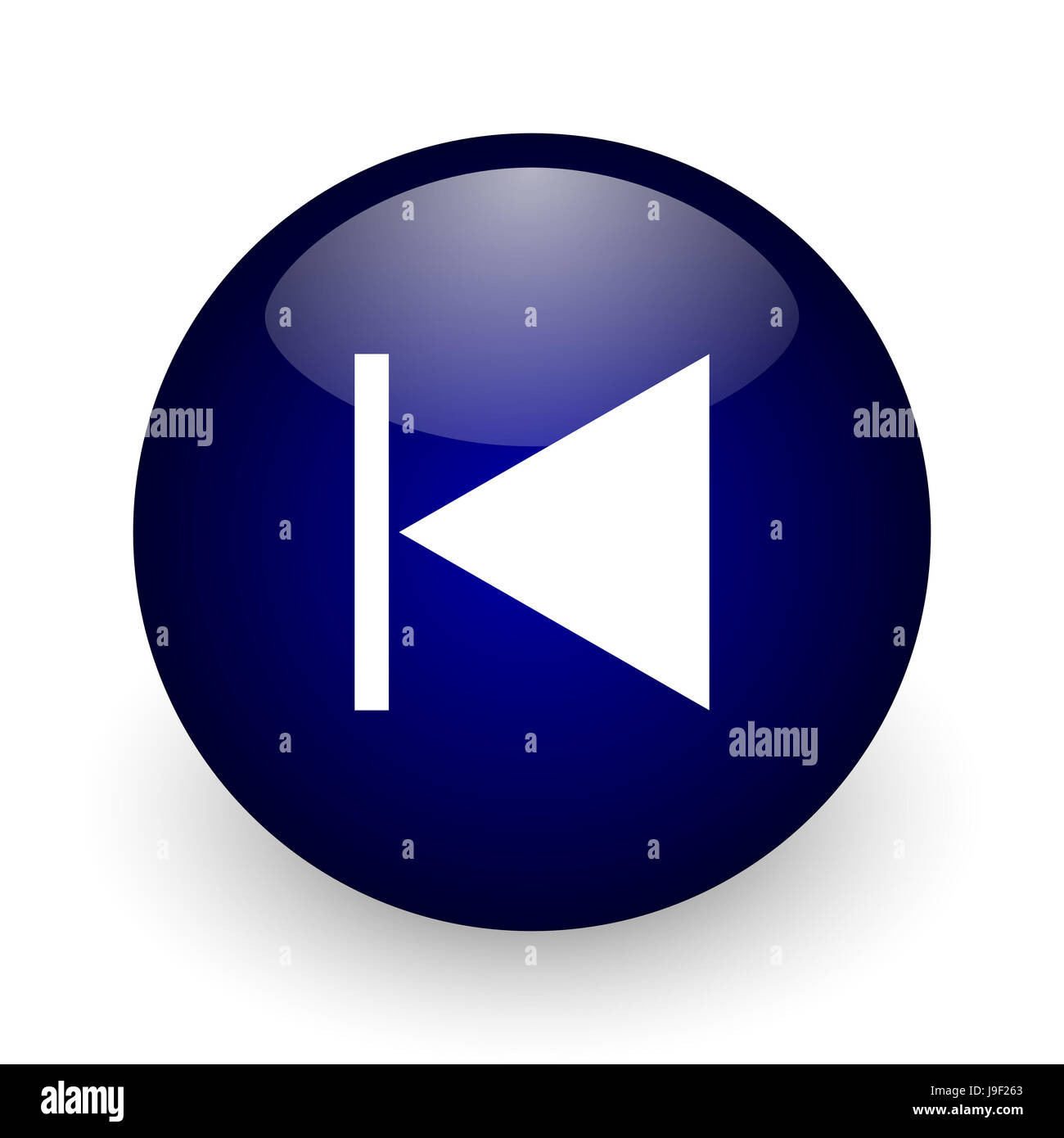 Prev-blaue glänzende Kugel-Web-Symbol auf weißem Hintergrund. Runde 3D-Render Taste. Stockfoto