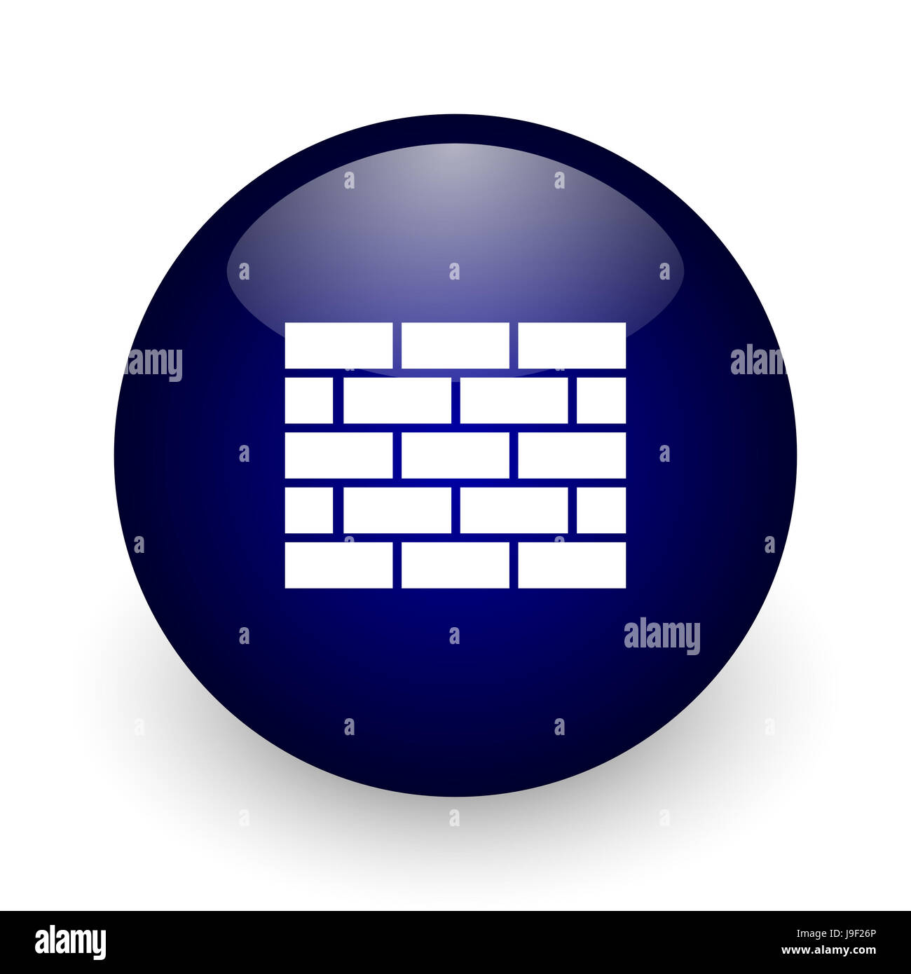 Firewall-blaue glänzende Kugel-Web-Symbol auf weißem Hintergrund. Runde 3D-Render Taste. Stockfoto