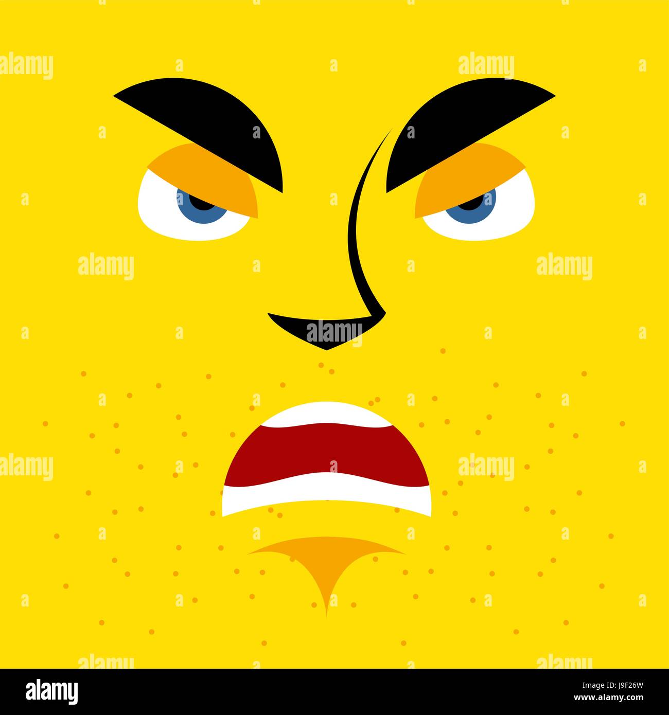 Cartoon wütendes Gesicht auf gelbem Hintergrund. aggressiv, mürrisch Emotion. Unzufrieden mit Person runzelt die Stirn. Feindlichen Charakter Stock Vektor