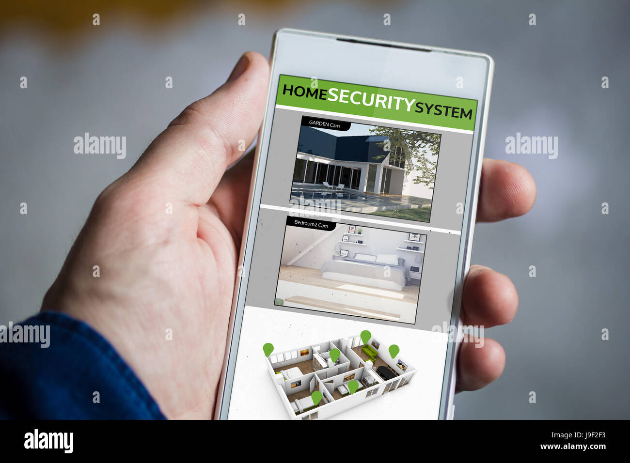 Mann Hand hält cctv Smartphone. Alle Bildschirm-Grafiken bestehen. Stockfoto
