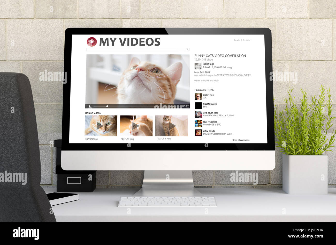 3D-Rendering des Arbeitsbereichs mit Computer zeigt Katze Videos. Alle Bildschirm-Grafiken bestehen. Stockfoto